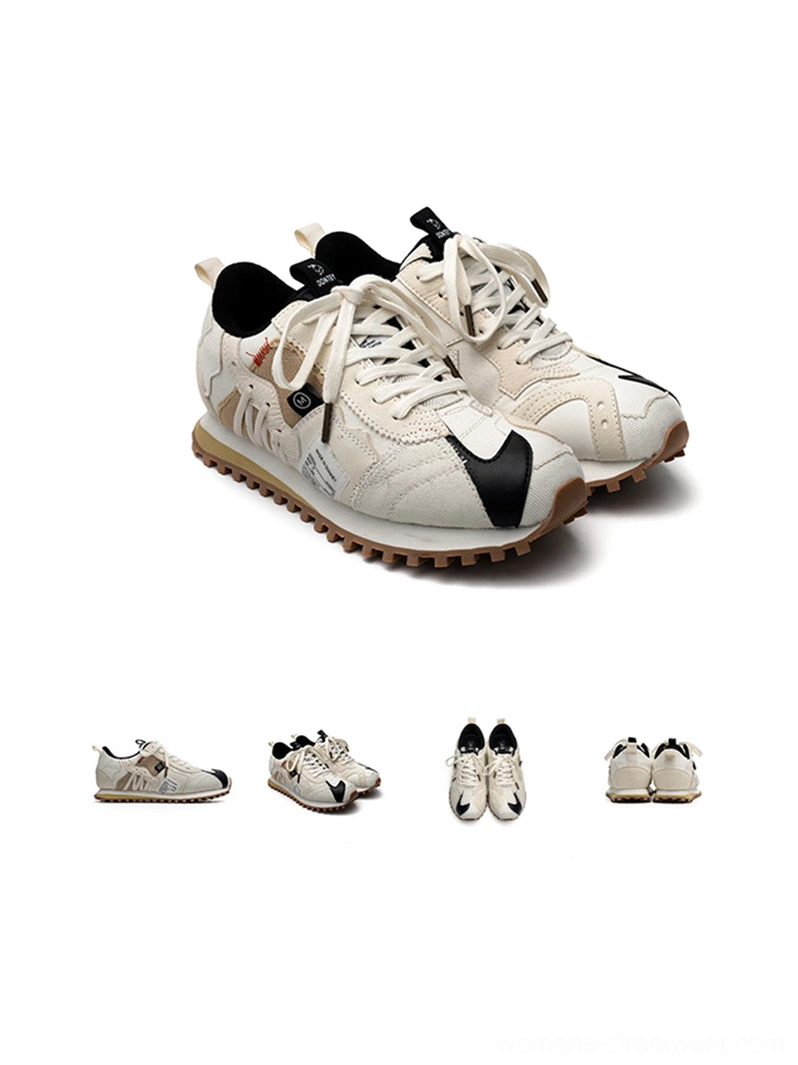 Fashion-forward ivory waffle sole sneakers with exposed stitch details, rounded toe, lace-up closure, and gum outsole
