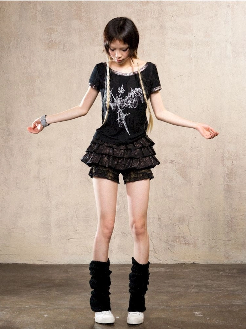 Fashion-forward layered lace ruffle skort pants for Acubi and Korean-inspired outfits
