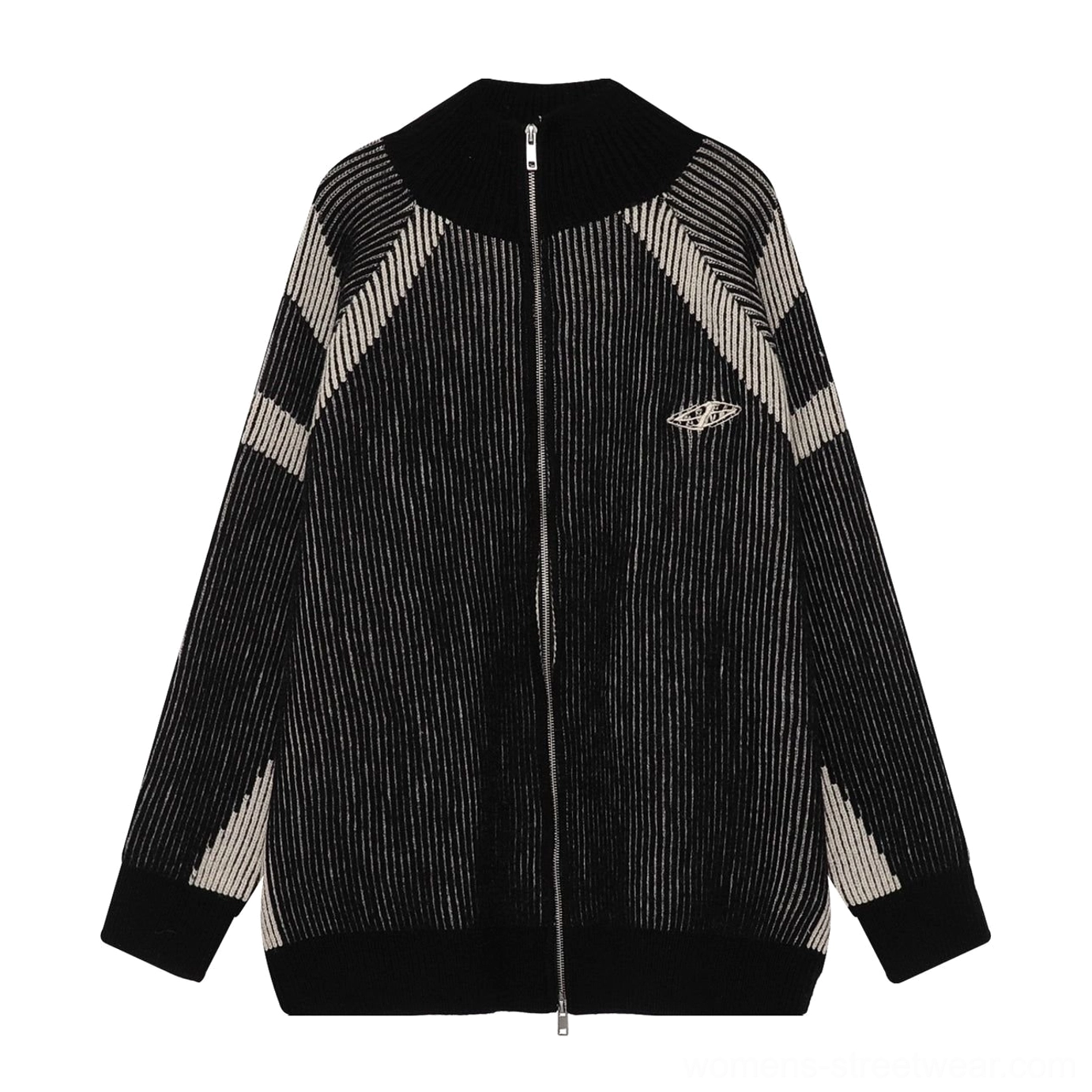 Fashion-forward oversized knit zip cardigan with stand collar, ribbed texture, and contrast athletic-inspired stripe details
