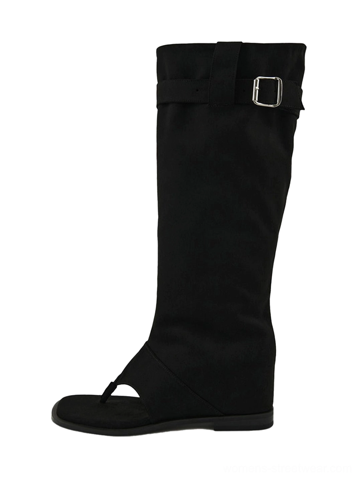 Fashion-forward western thong boots with knee-high slouchy silhouette and open sandal toe