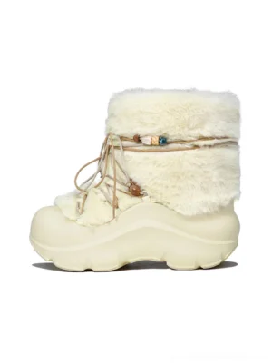 Cream beige faux fur beaded platform snow boot shown from the left side with plush upper, dual decorative drawstrings, and chunky sculpted sole