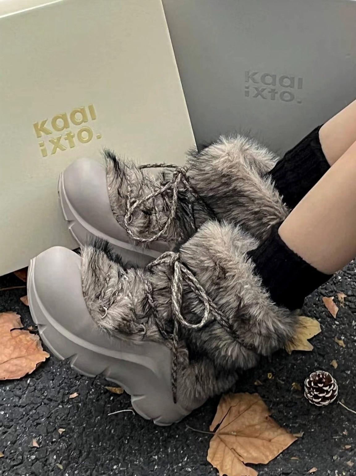 Faux fur beaded platform snow boots product view featuring plush winter texture, rounded chunky sole, and streetwear styling