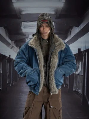 Front full-body view of a male model wearing a washed indigo denim bomber jacket with a faux-fur collar, padded oversized fit, front pockets, and rugged winter streetwear styling