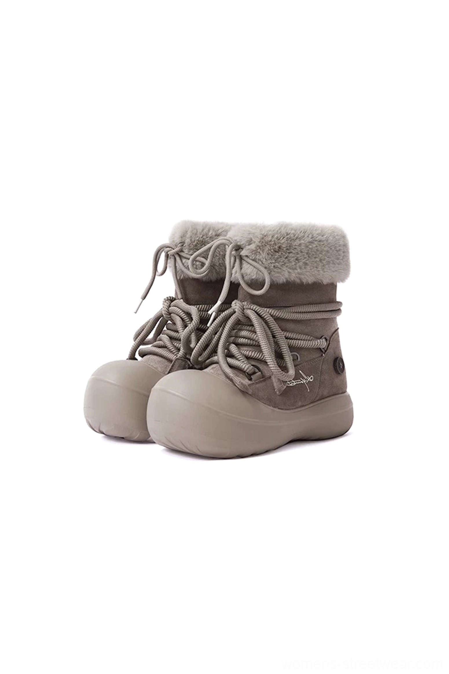 Front view of taupe suede-look faux fur cuff chunky platform snow boots with rope laces