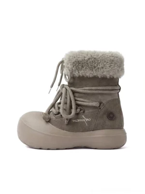 Taupe faux fur cuff chunky platform snow boots side view with suede-look upper and grey plush collar