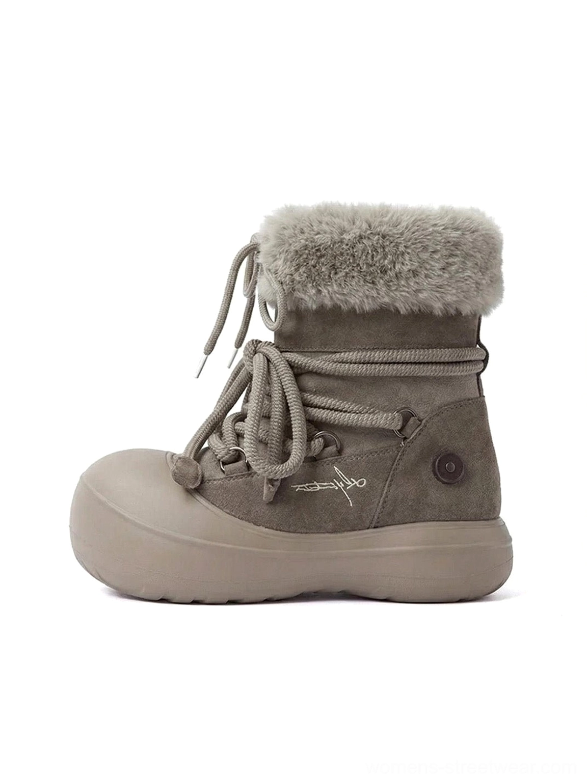 Taupe faux fur cuff chunky platform snow boots side view with suede-look upper and grey plush collar