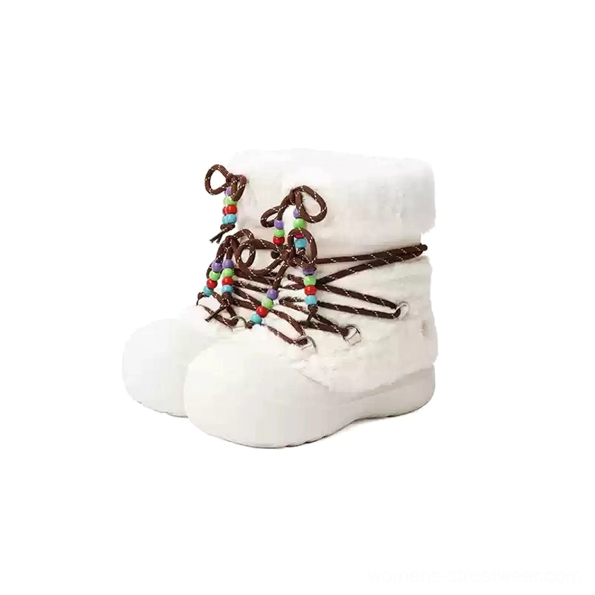 White faux fur cuff chunky platform snow boots product view with plush collar and sculpted sole