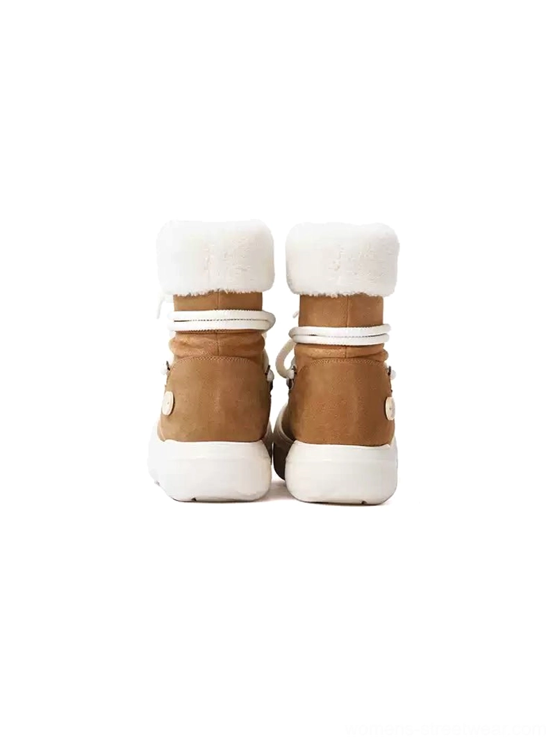 White faux fur cuff chunky platform snow boots with oversized rope laces and rounded sole