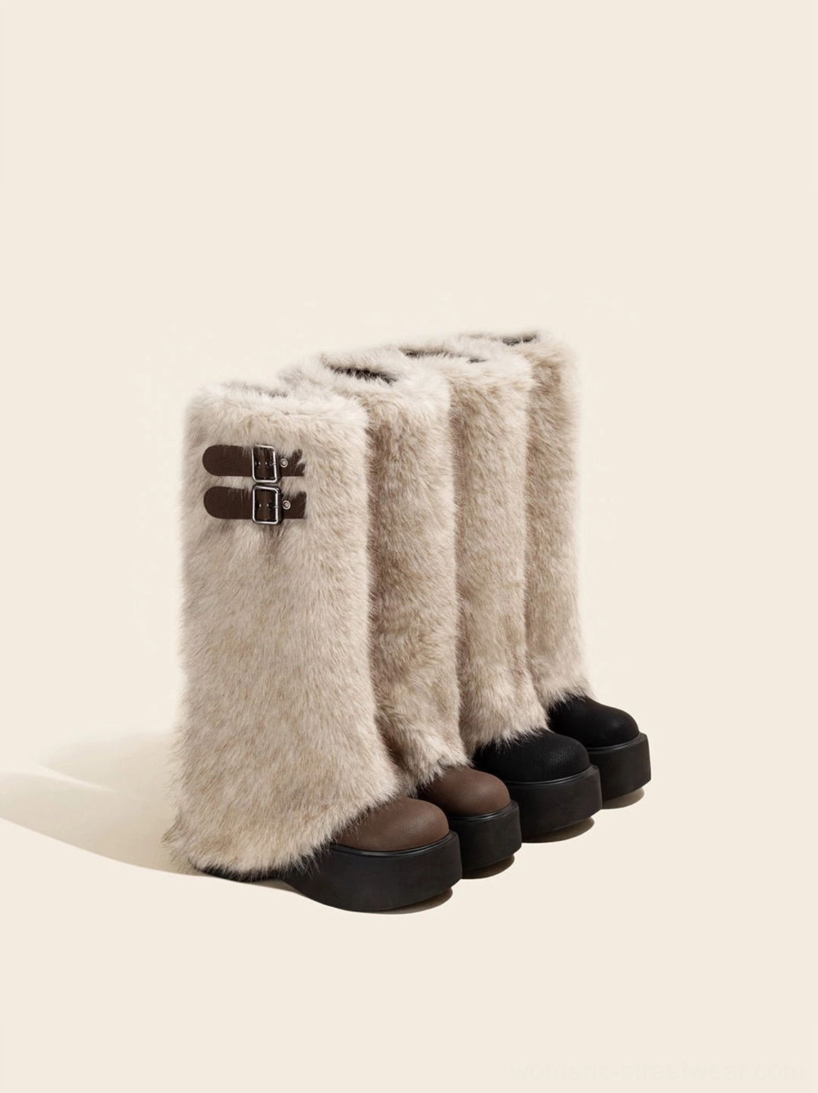 Multiple pairs of faux fur double-buckle platform tall boots displaying plush shafts and chunky black platform soles