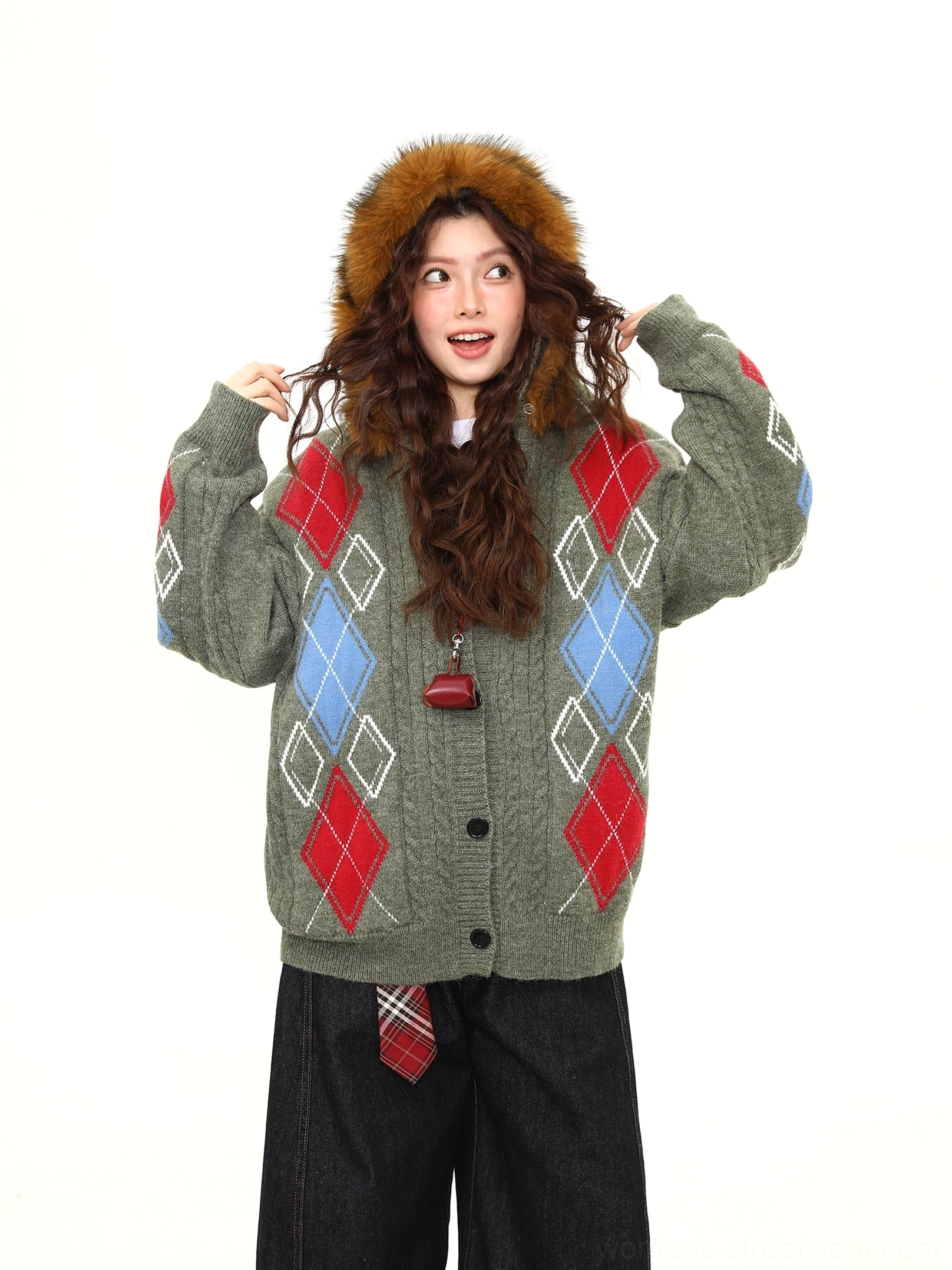 Faux fur hood argyle cable knit oversized cardigan button closure and cable texture product detail