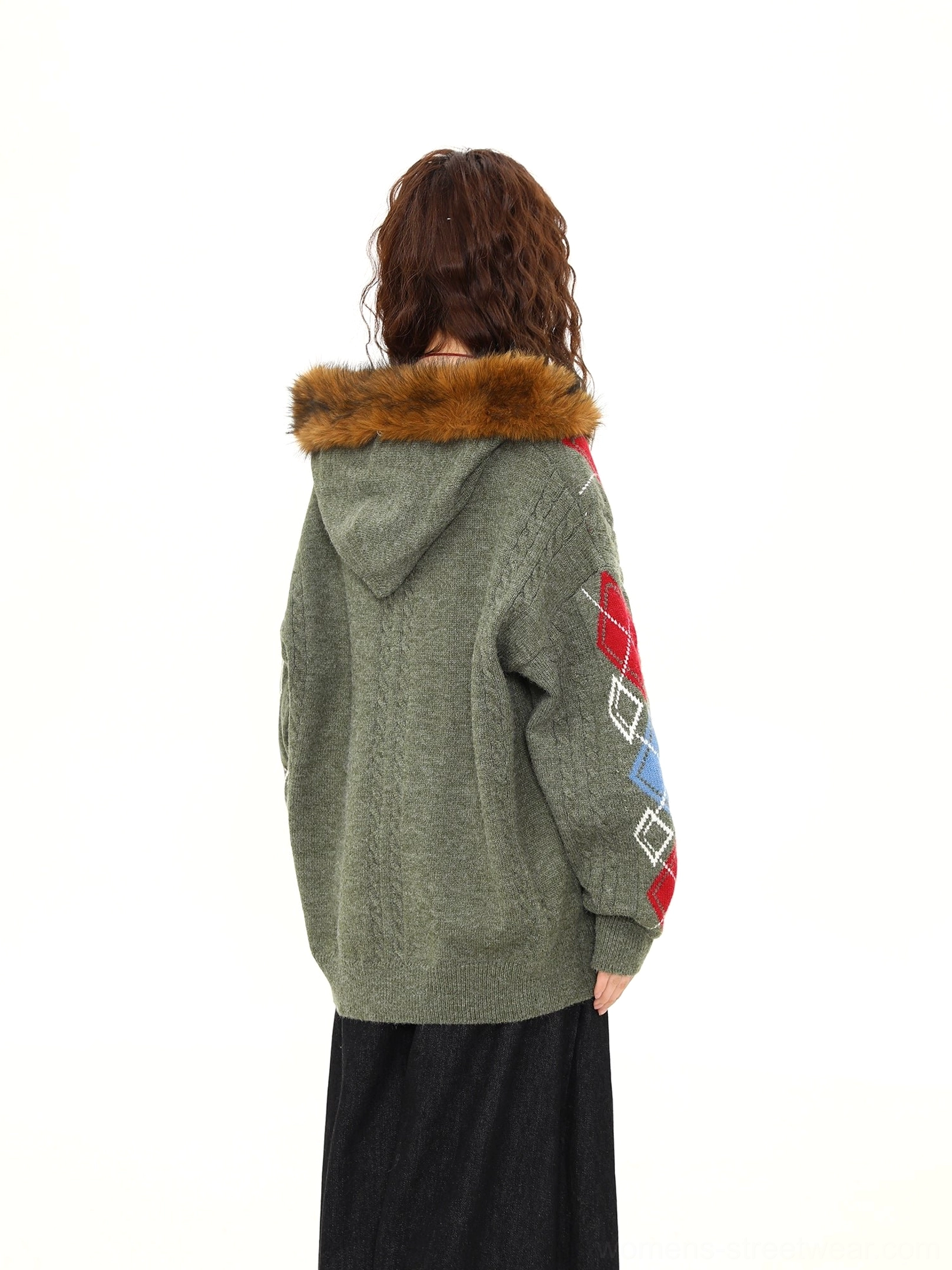 Faux fur hood argyle cable knit oversized cardigan cozy button front winter knitwear view