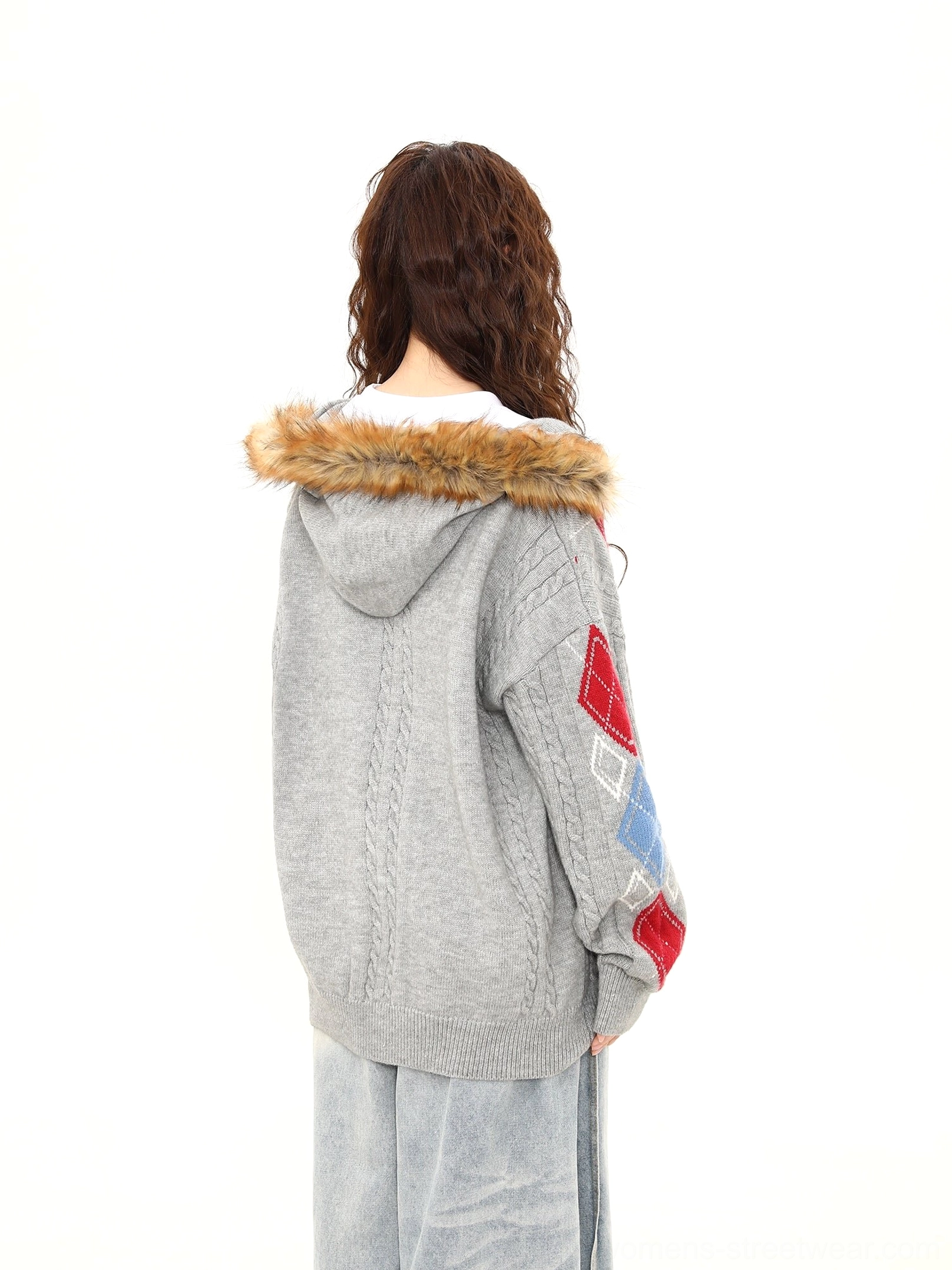Faux fur hood argyle cable knit oversized cardigan detailed product view for winter streetwear styling