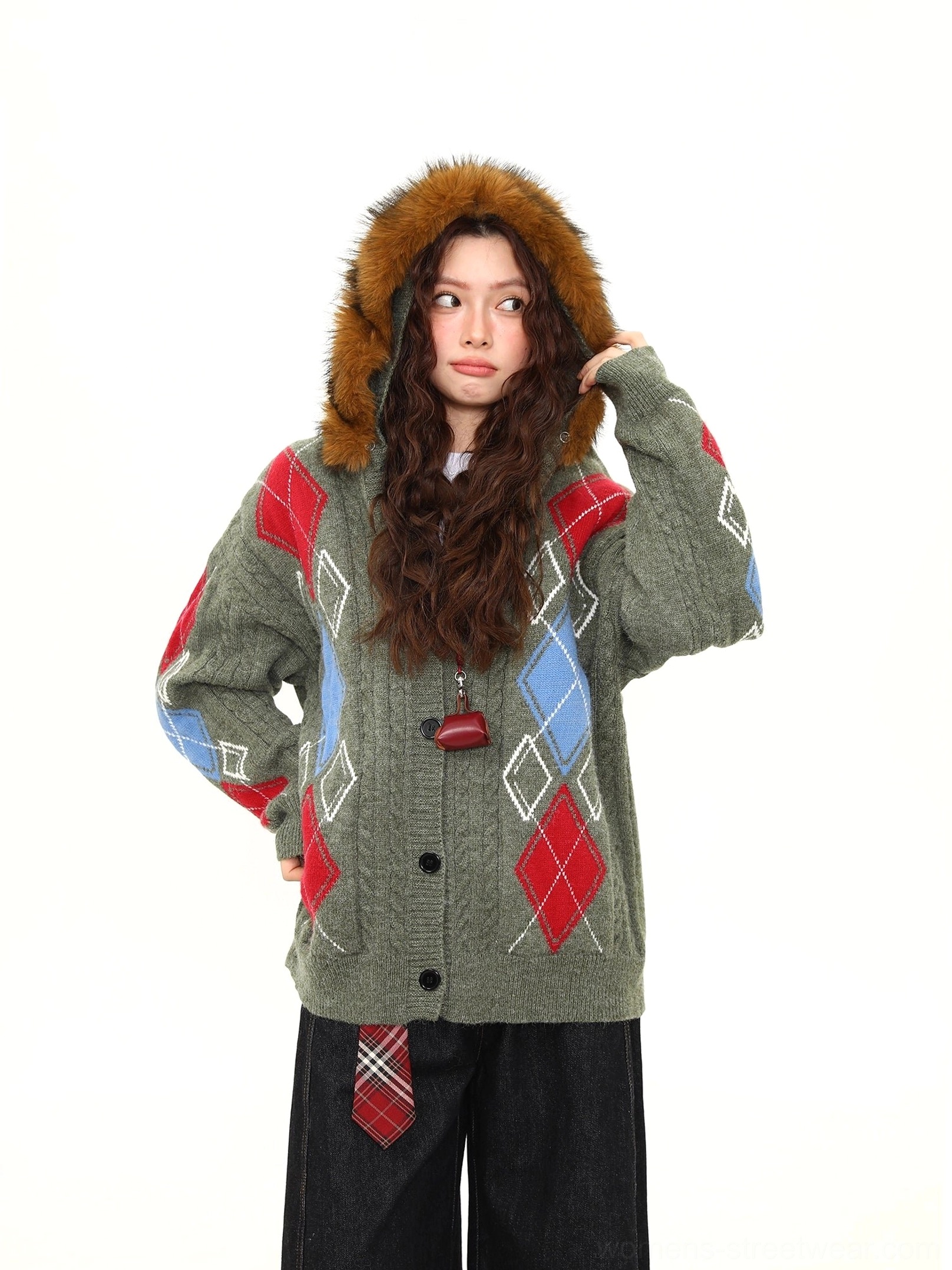 Faux fur hood argyle cable knit oversized cardigan heritage diamond knit pattern close detail
