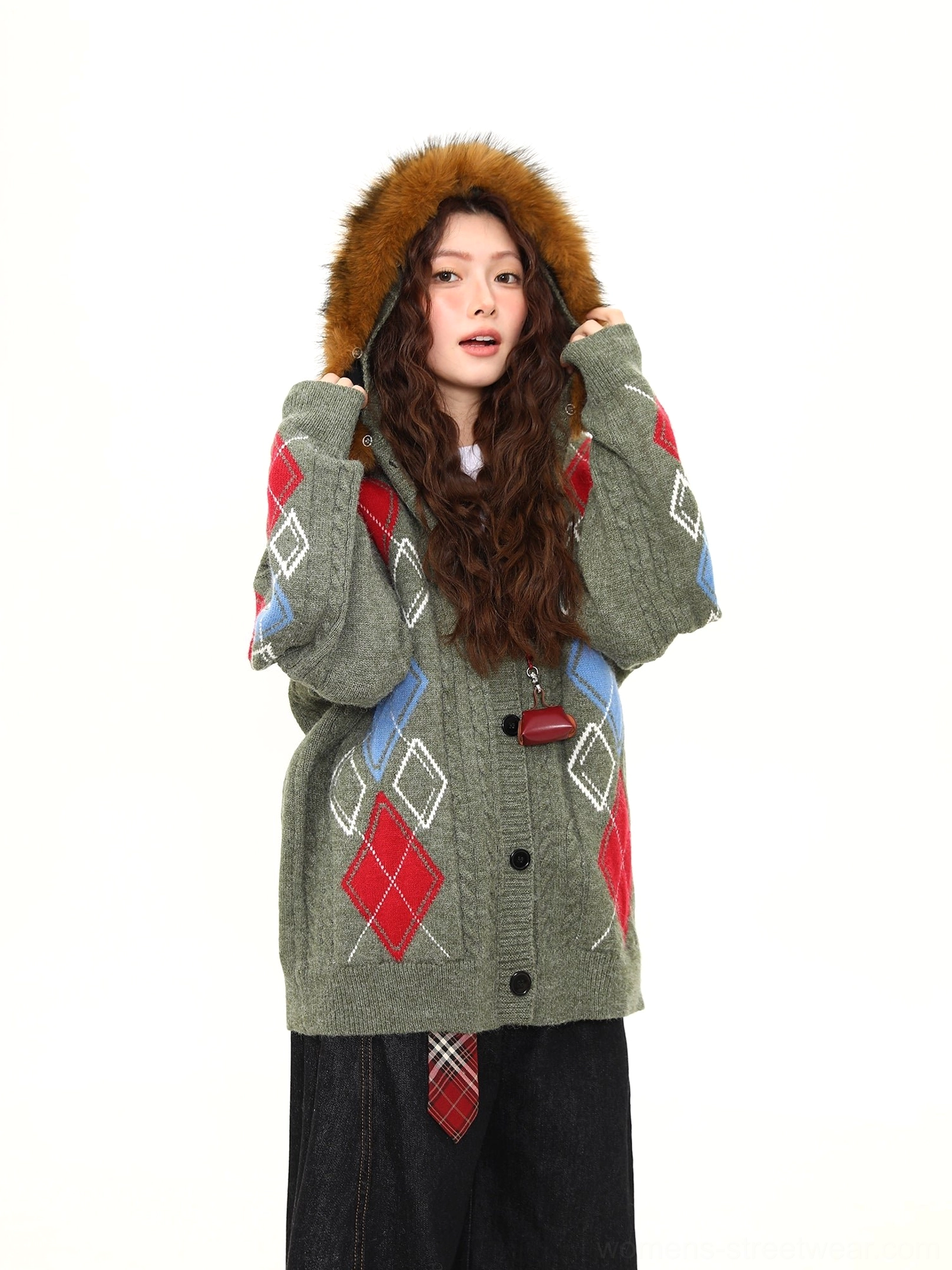 Faux fur hood argyle cable knit oversized cardigan loose fit winter layering streetwear image
