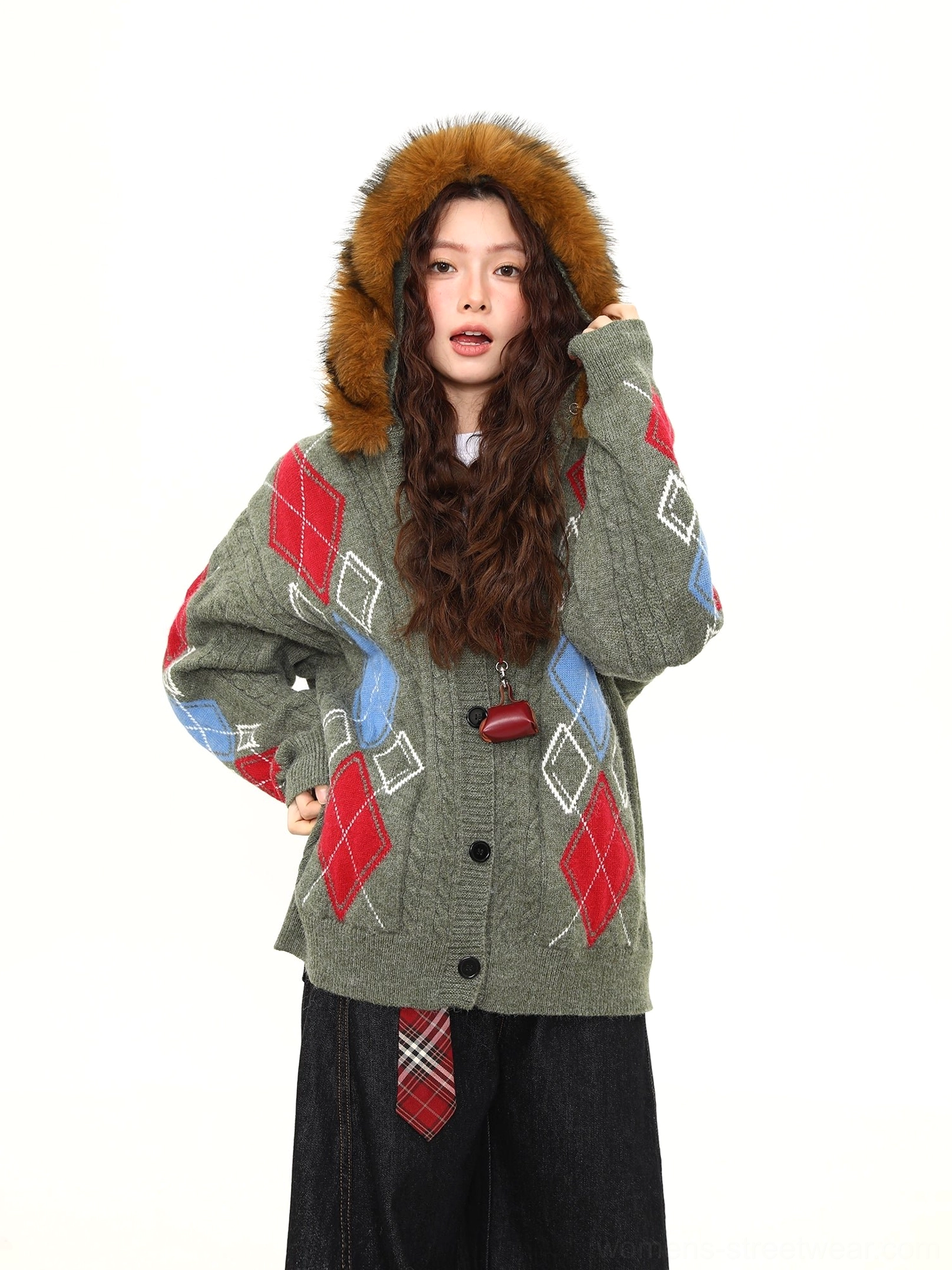 Faux fur hood argyle cable knit oversized cardigan relaxed fit button front knitwear product image
