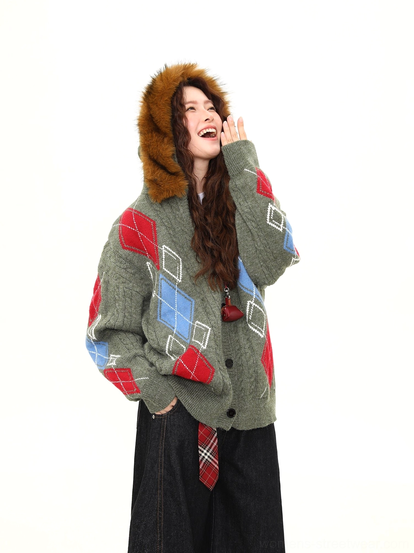 Faux fur hood argyle cable knit oversized cardigan cozy retro campus streetwear outfit view