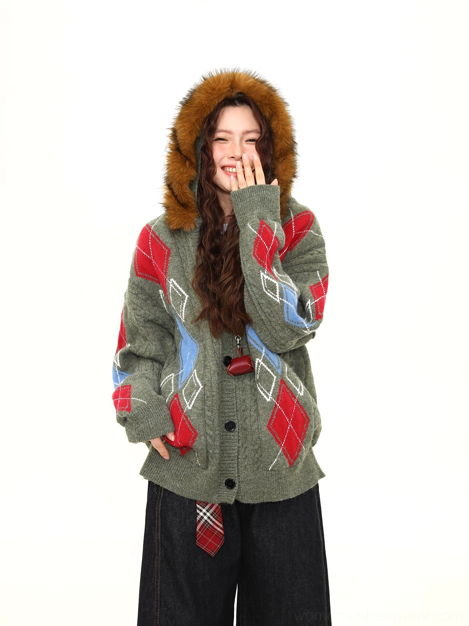 Faux fur hood argyle cable knit oversized cardigan long sleeve ribbed cuff and hem detail