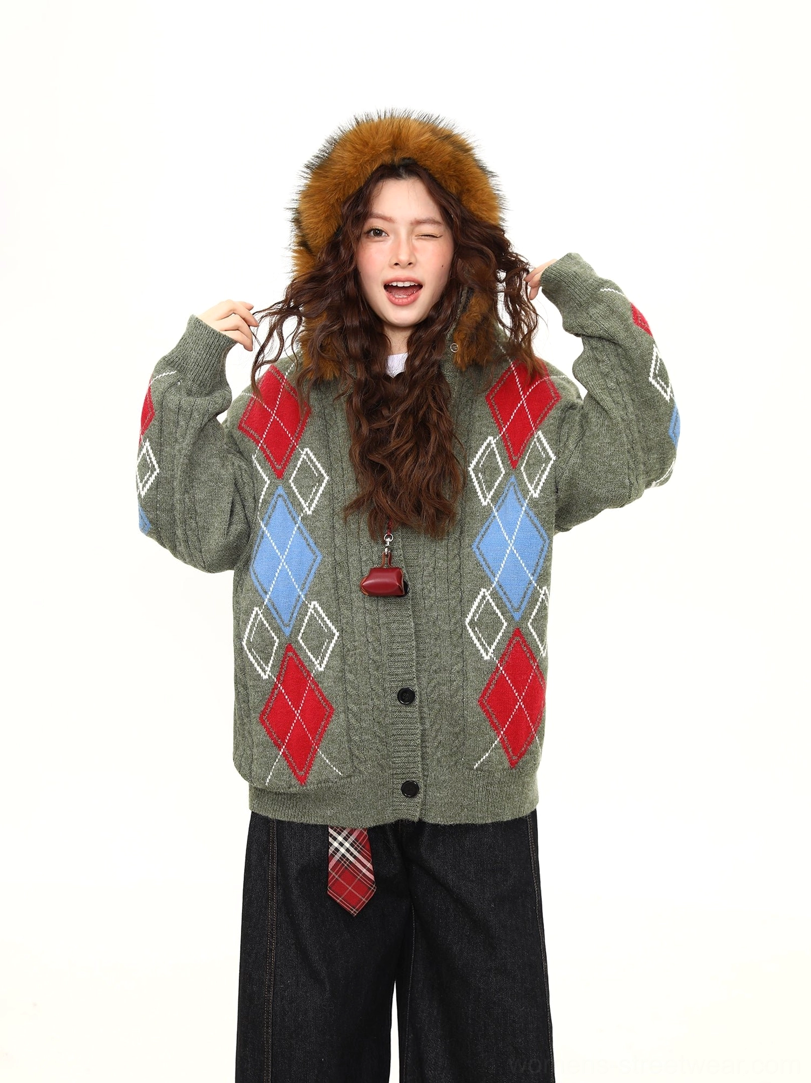 Faux fur hood argyle cable knit oversized cardigan casual Seoul streetwear styling product image