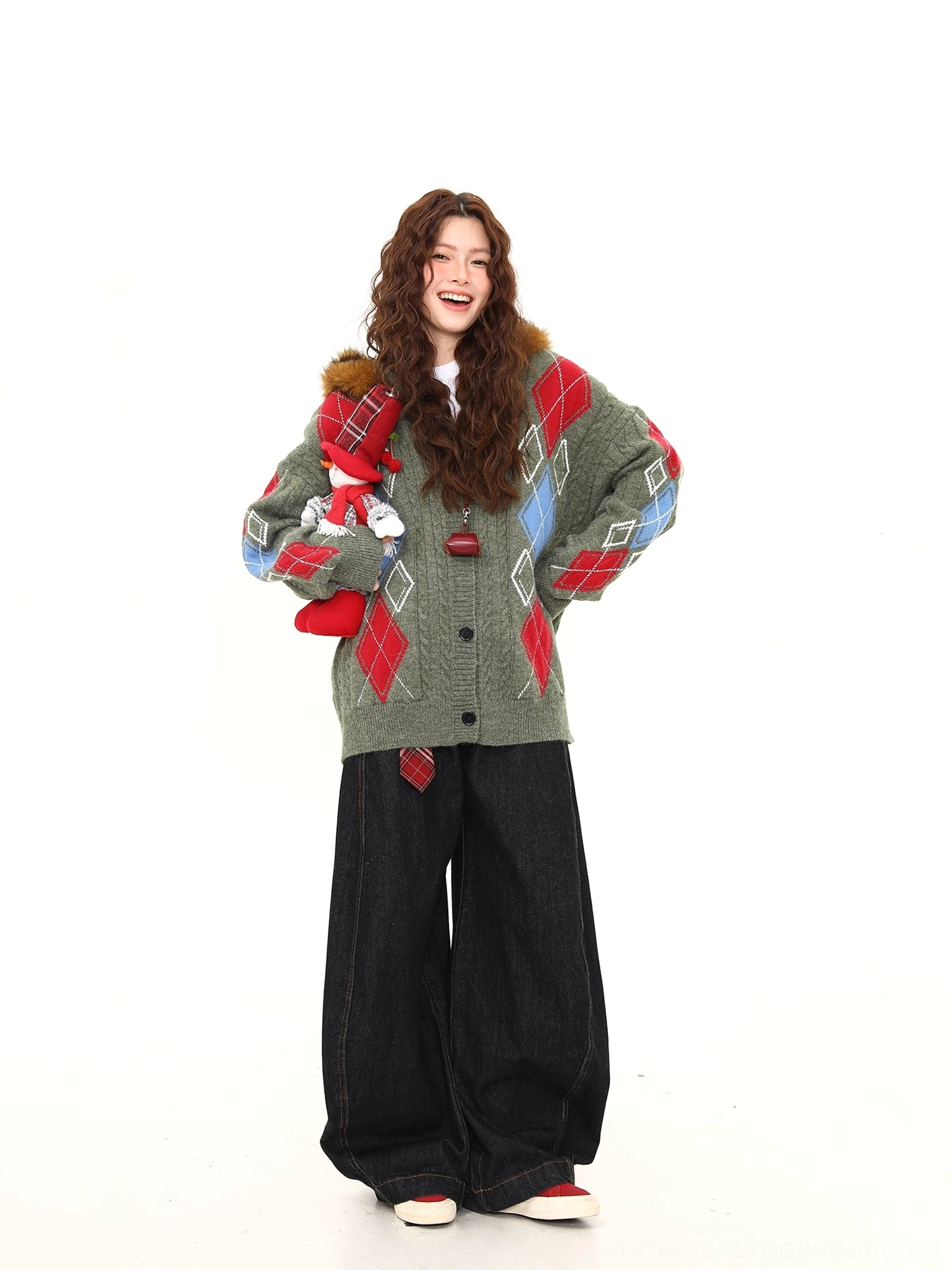 Faux fur hood argyle cable knit oversized cardigan textured diamond jacquard winter streetwear detail