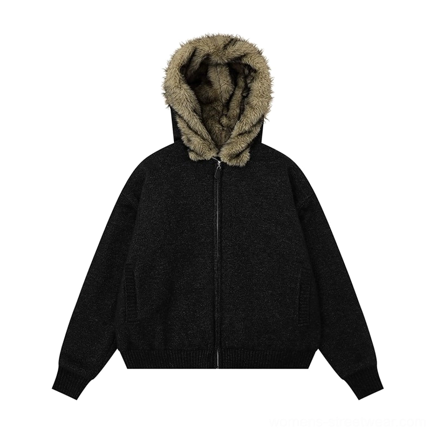Women's black faux fur hood oversized zip-up knit jacket color option product image
