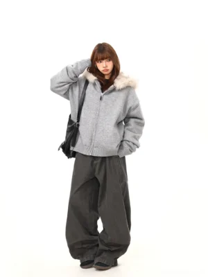 Women's gray faux fur hood oversized knit zip-up jacket back three-quarter view with wide-leg pants