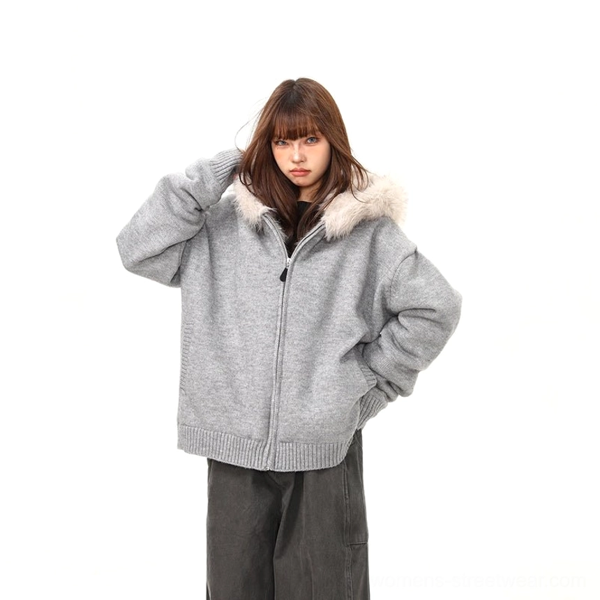 Women's gray faux fur hood oversized zip-up knit jacket color option product image