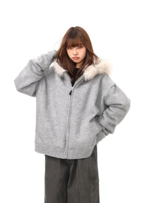 Women's heather gray oversized zip-up knit jacket with plush faux fur hood trim front view