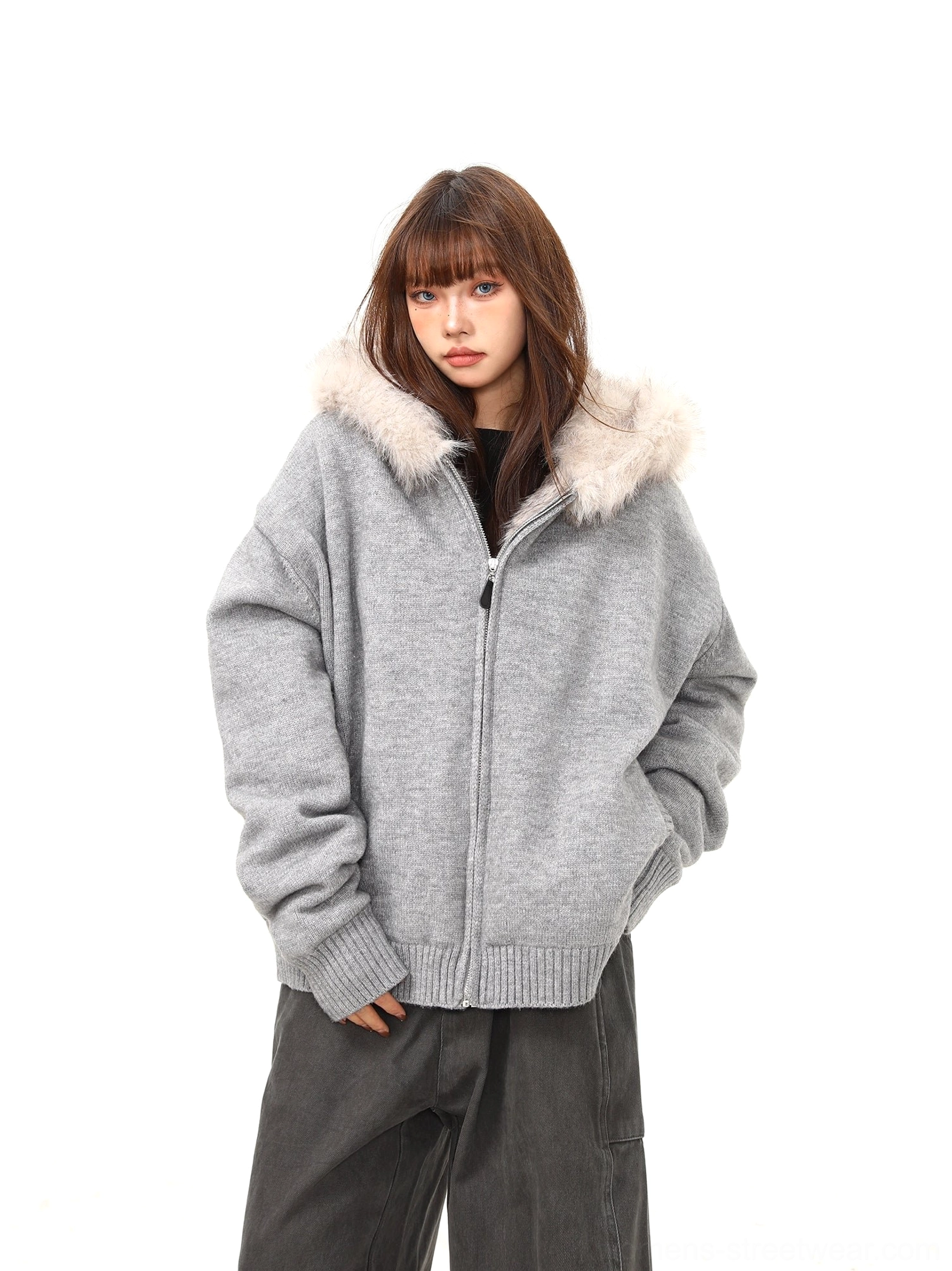 Front full-body view of women's gray oversized faux fur hood zip-up knit streetwear jacket