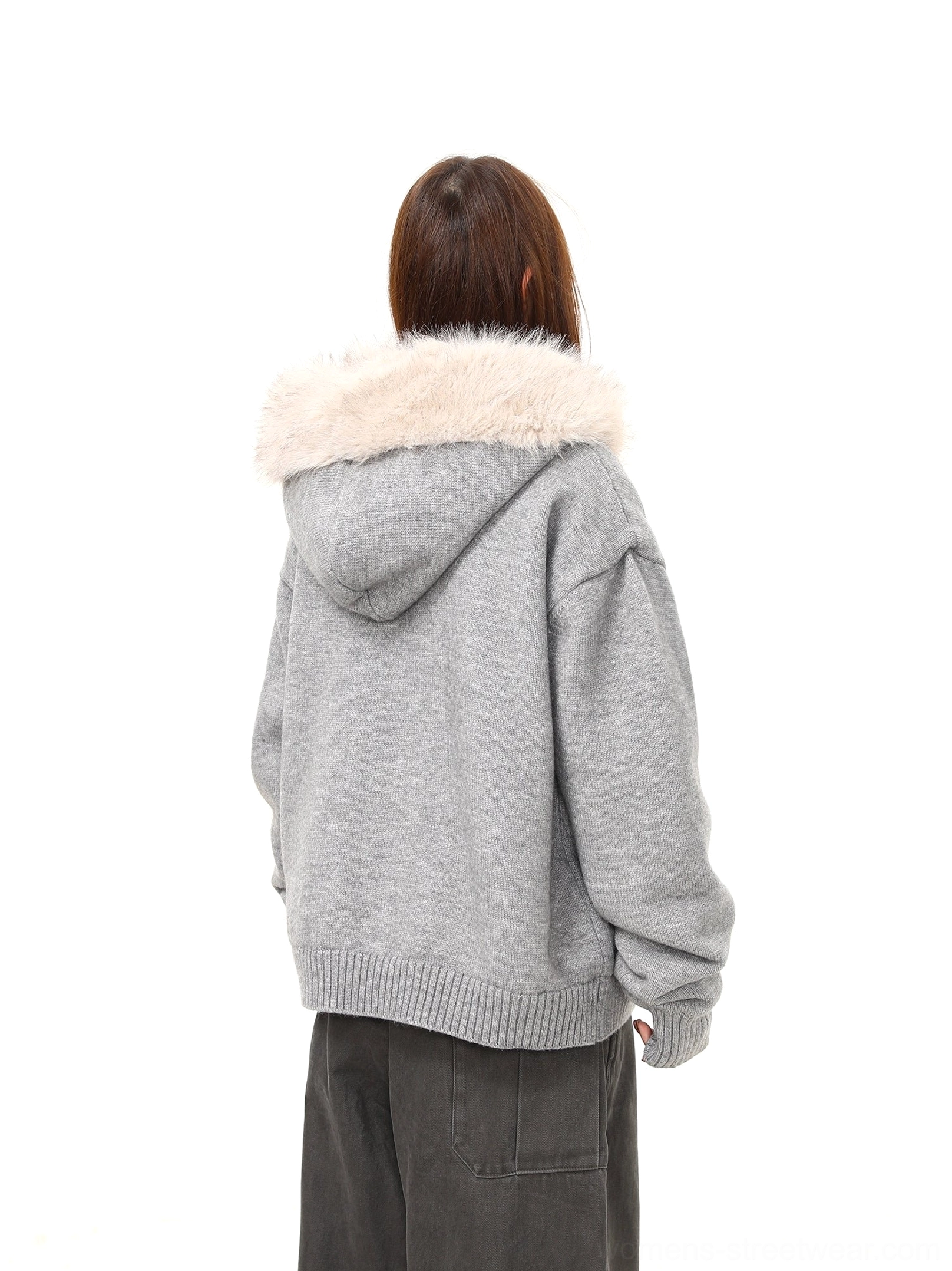 Women's faux fur hood oversized zip-up knit jacket detailed product view for winter streetwear styling