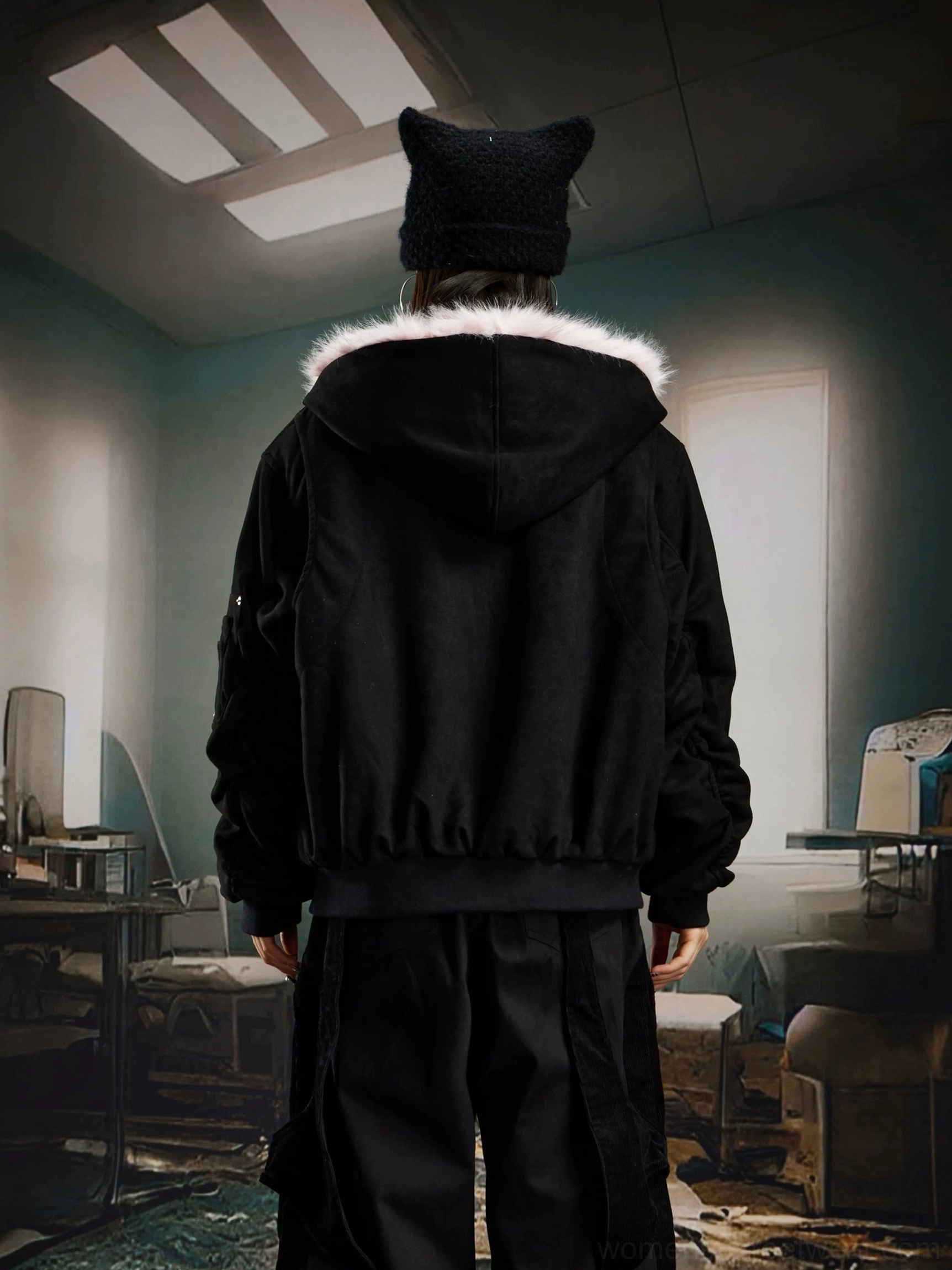 Faux fur hooded bomber jacket with reversible construction for Korean and Acubi-inspired fashion outfits