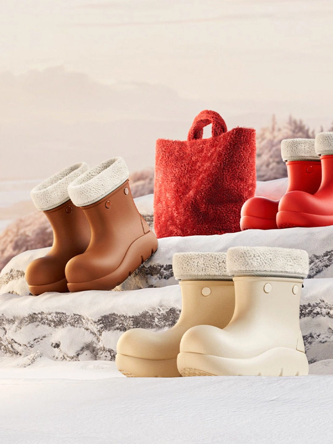 Beige brown and red faux fur lined platform winter boots styled in a snowy winter outdoor lifestyle scene