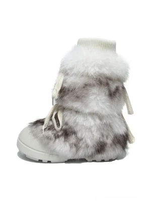White spotted faux fur mid-top platform ankle boots with lace-up front, ribbed collar, and thick white rubber sole