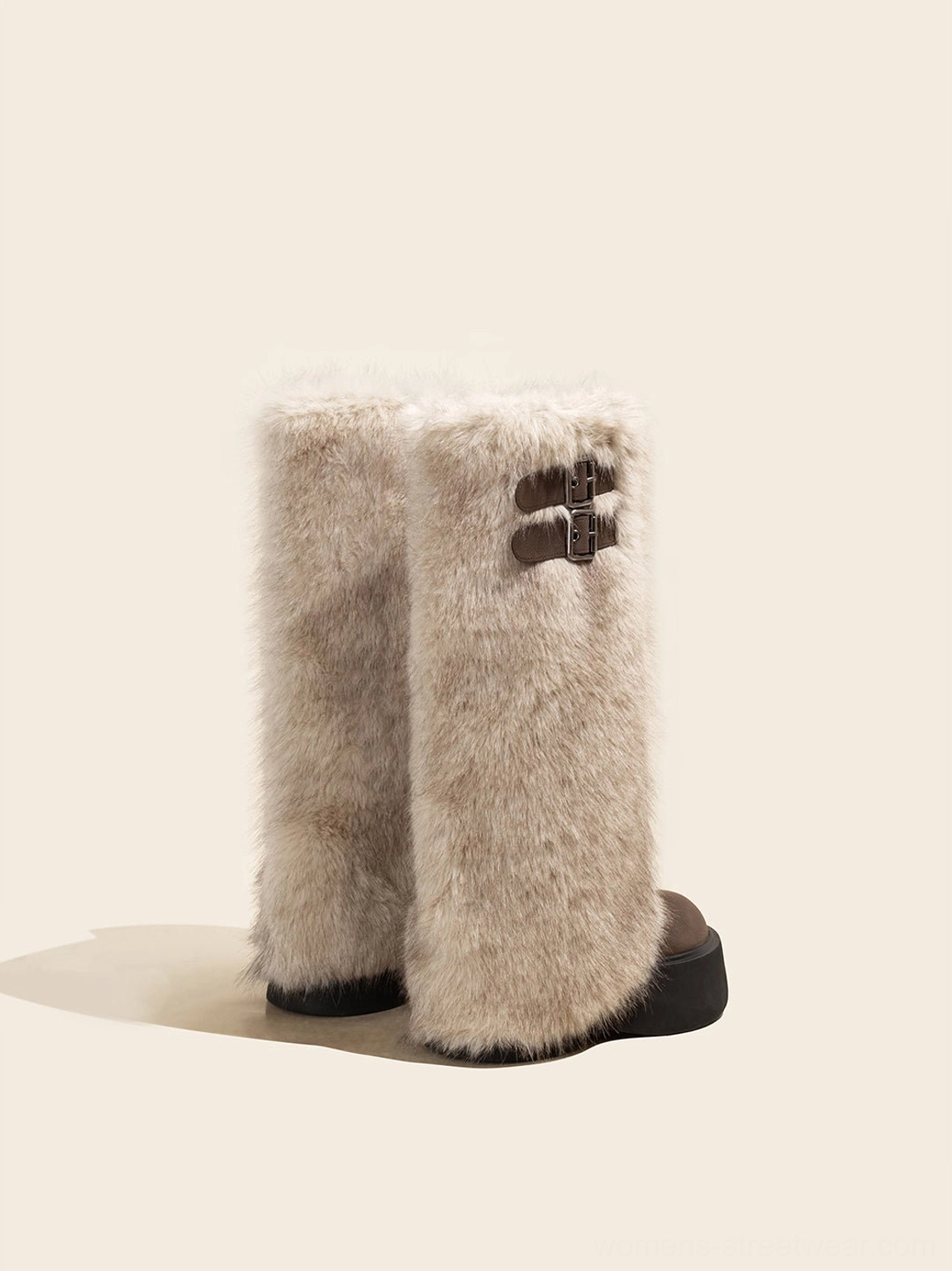 Low-angle side view of plush faux fur platform tall boots with dark buckle shaft detail