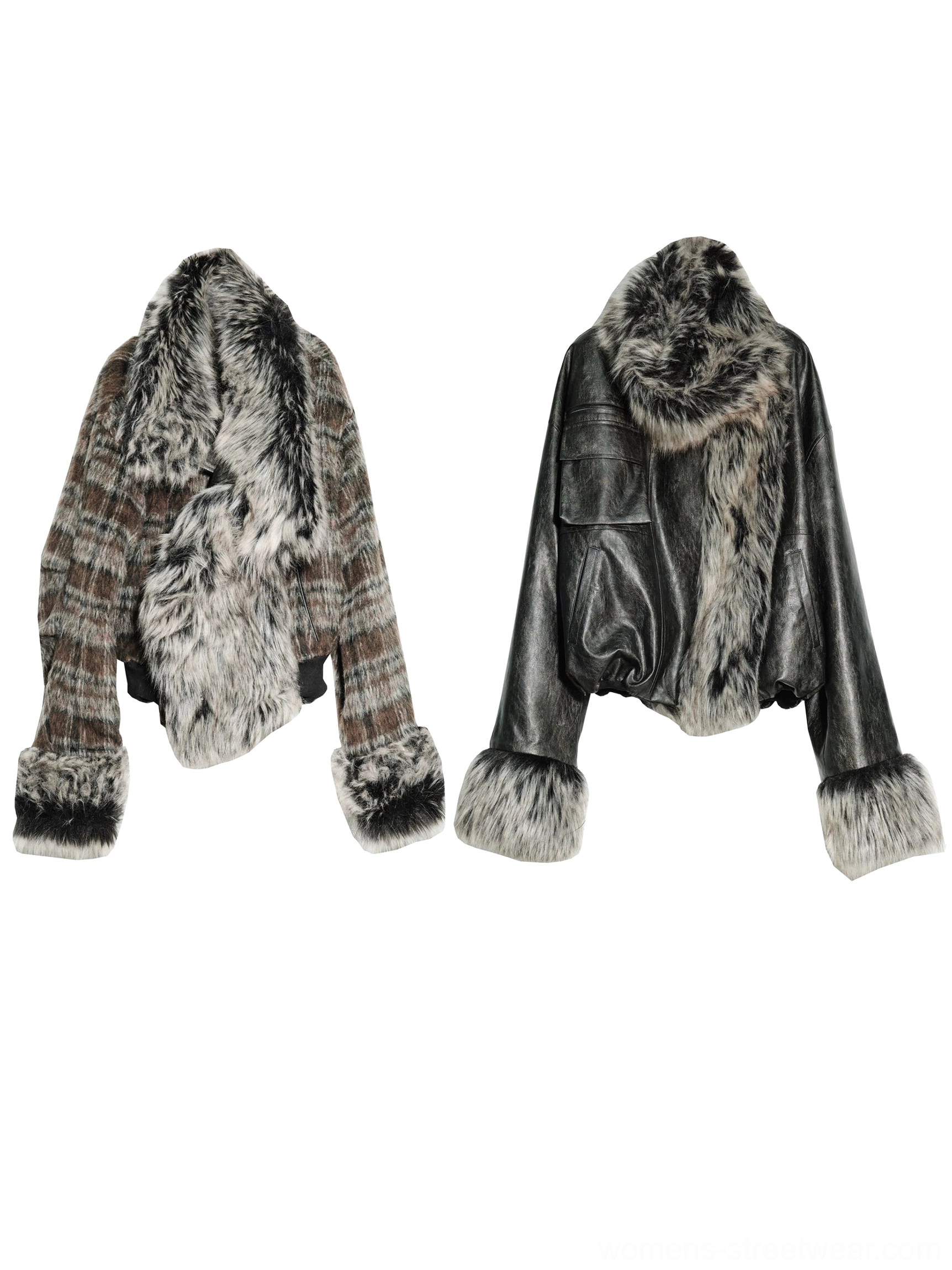 Front flat lay showing two cropped faux fur trim jacket styles with plush collar cuffs and hem details