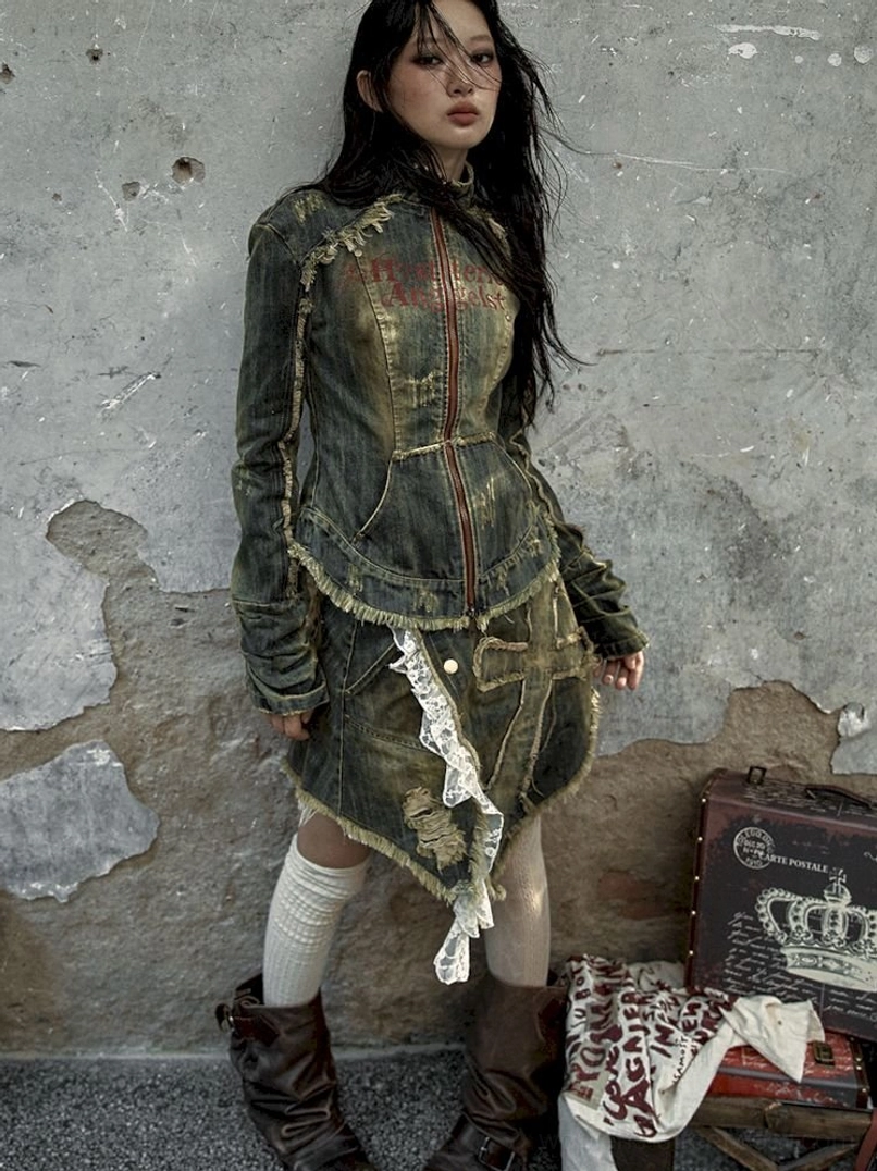Fitted blue denim corset jacket with worn finish for contemporary Y2K and East Asian street fashion