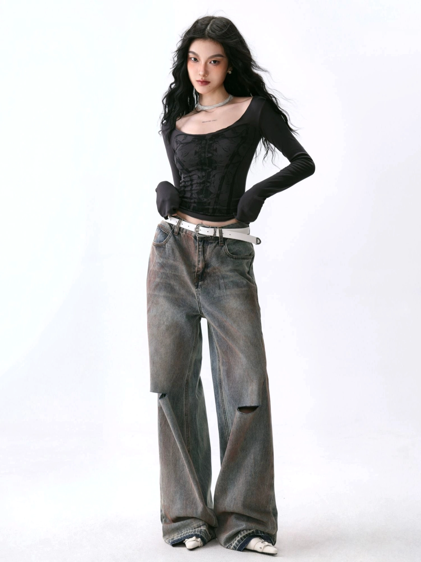 Fitted long sleeve tie-dye wide collar base layer for Korean fashion and alternative streetwear outfits