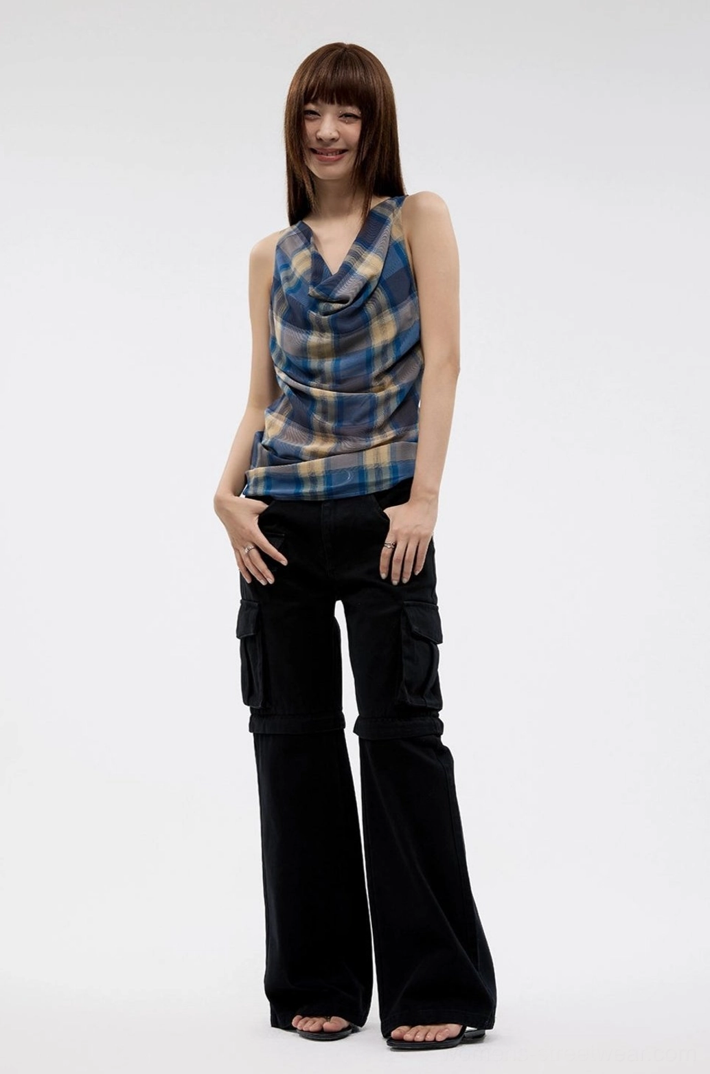 Fitted tartan plaid sleeveless cowl neck top for women streetwear styling