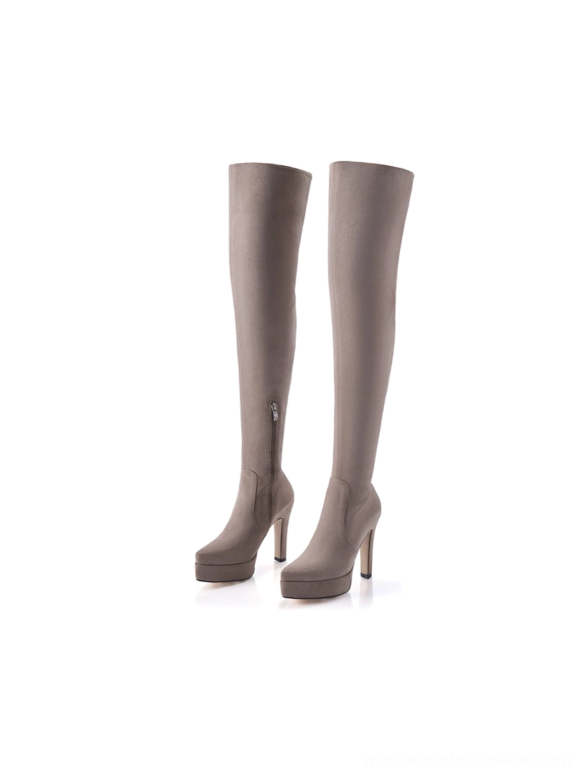 Fitted women's over-the-knee stretch suede stiletto boots highlighting the sleek thigh-high silhouette