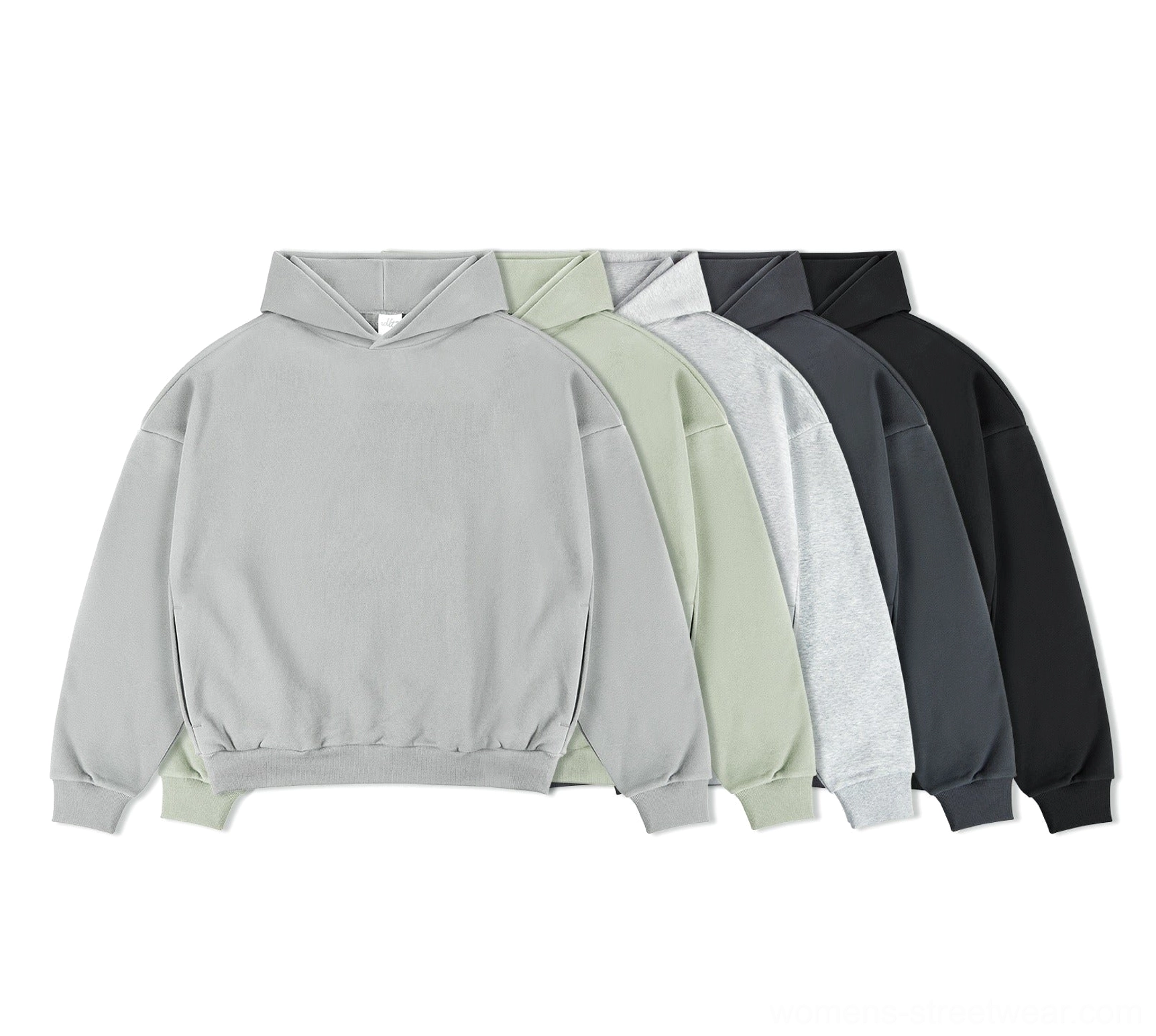 Five-color oversized hoodie collection in light gray sage green ash gray charcoal gray and black streetwear styles