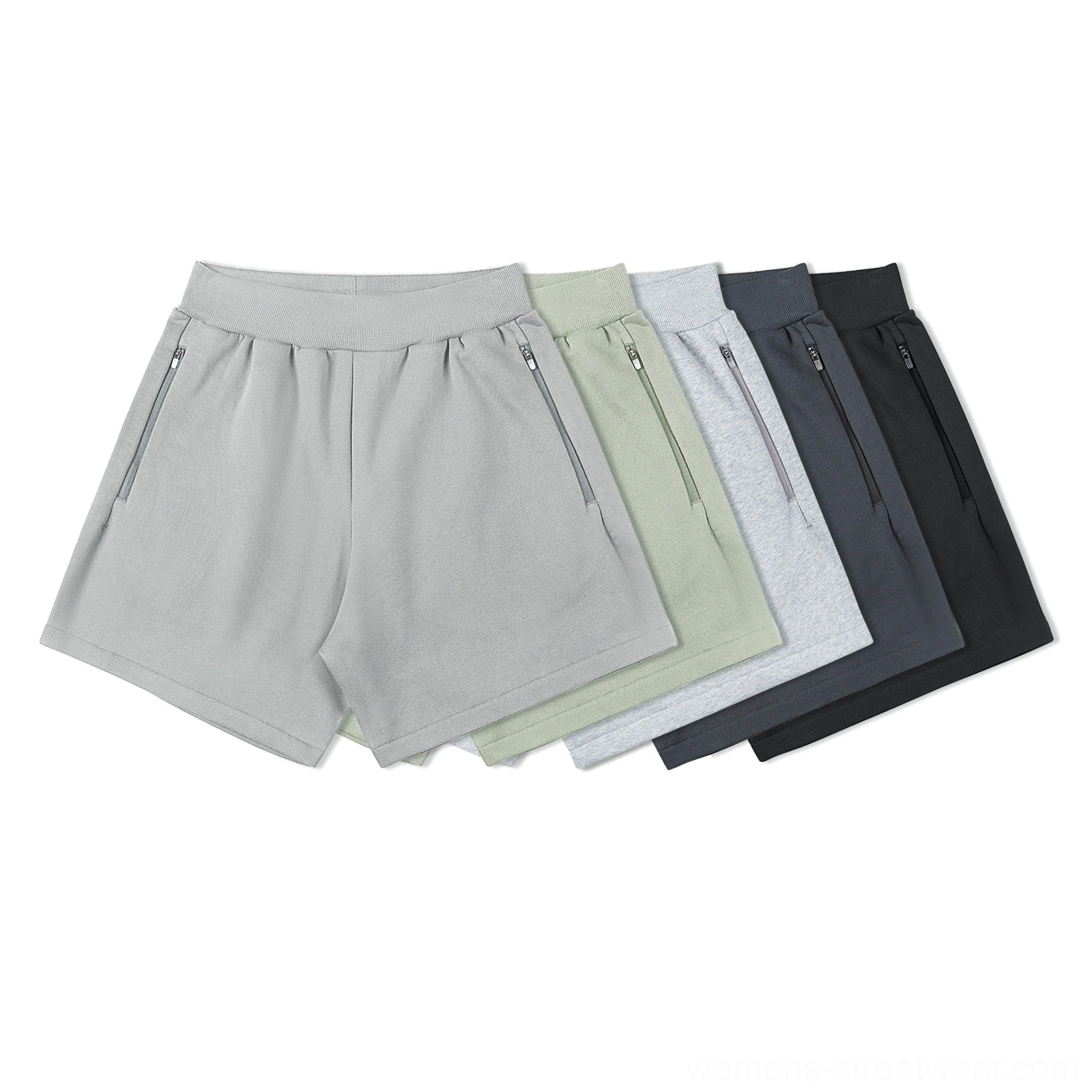 Five color options of relaxed streetwear shorts displayed together with matching ribbed waistbands and side zipper pockets