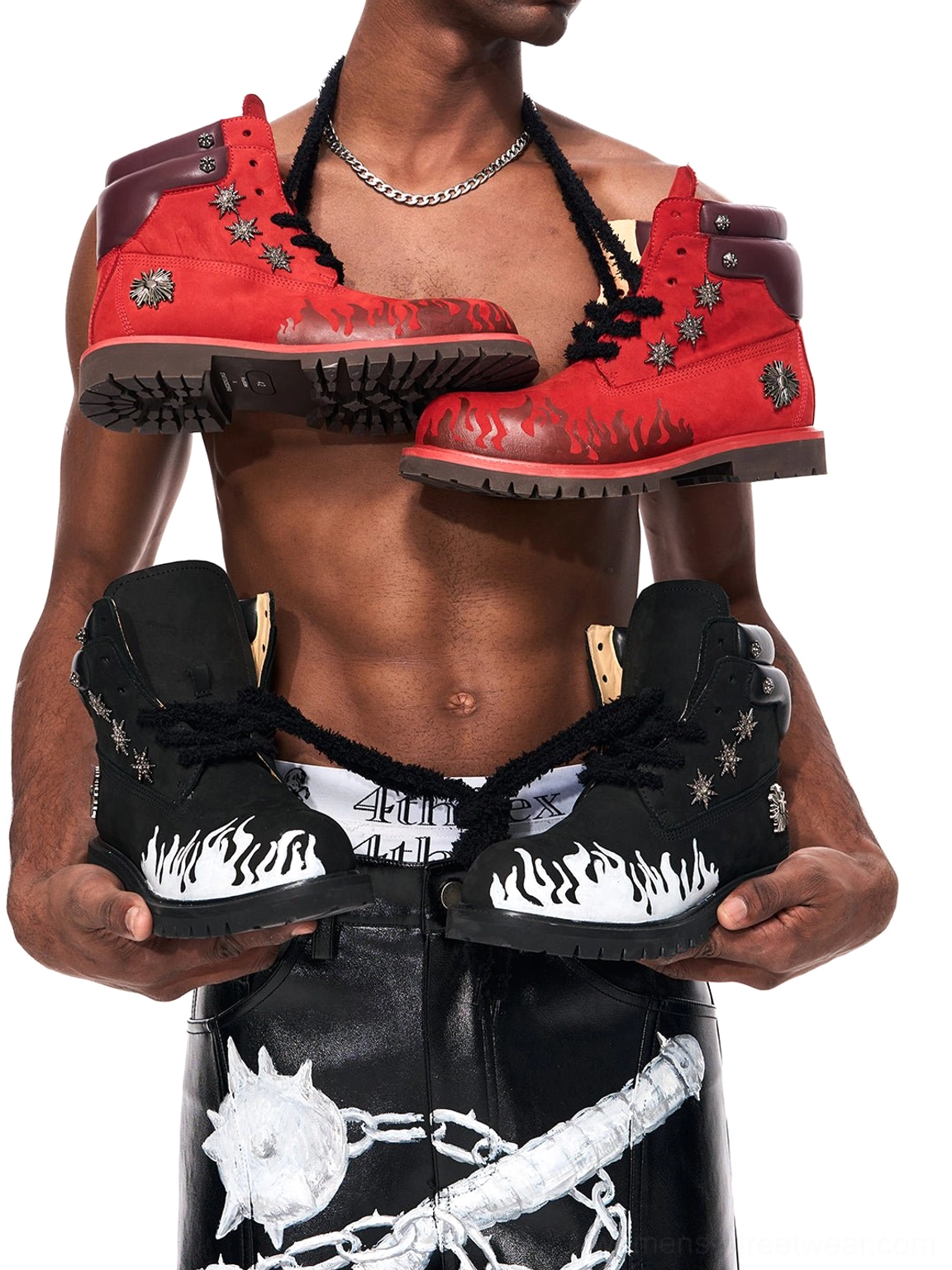 Black and red flame appliqué genuine leather combat boots styled with leather pants for Y2K punk streetwear fashion