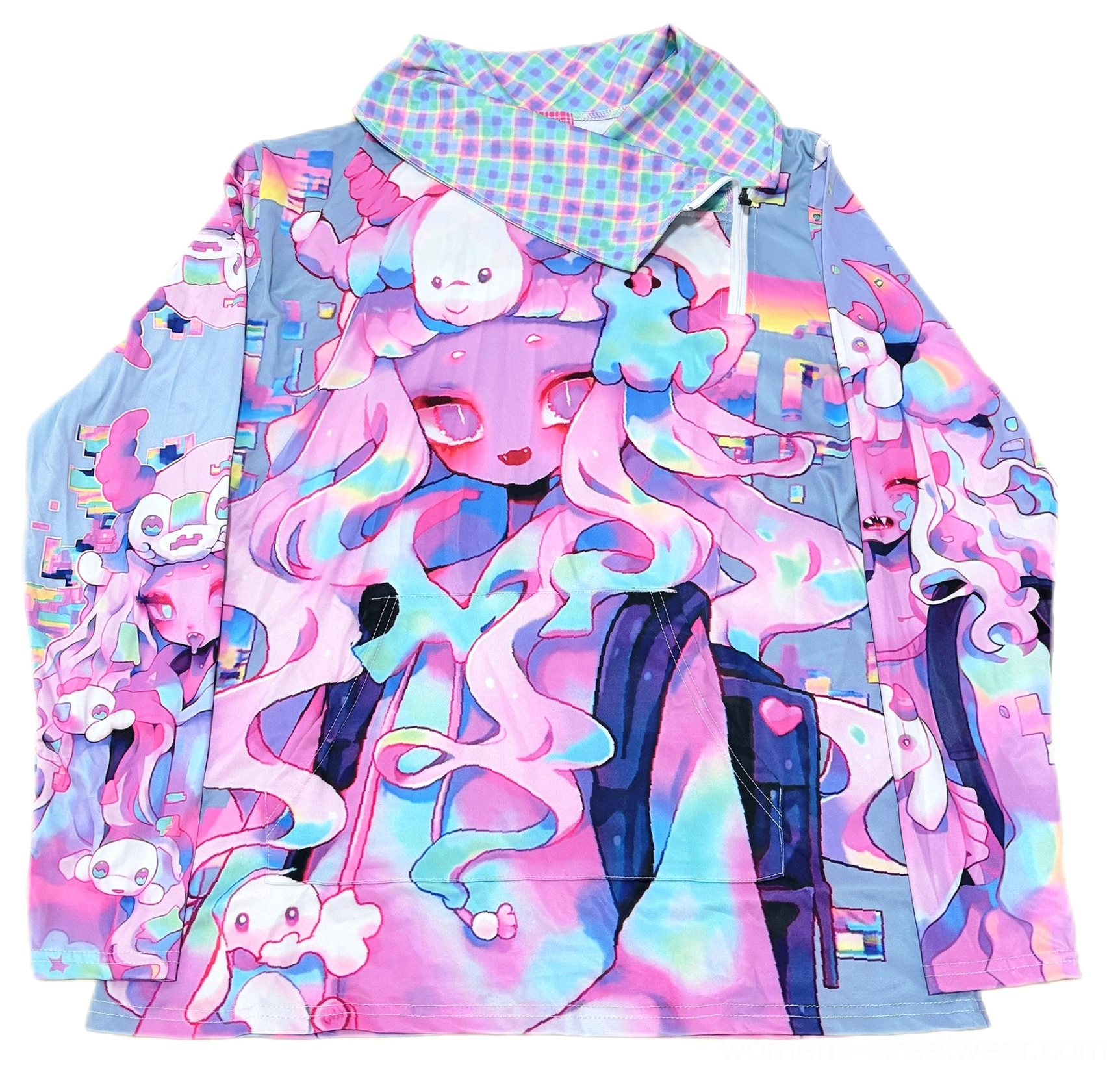 Flat lay of a soft milk silk kawaii anime print sweatshirt showing the checked mesh collar, long sleeves, and vibrant psychedelic artwork