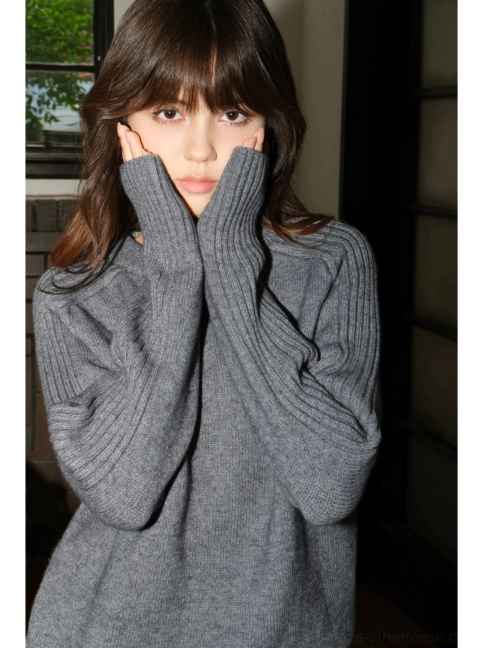 Close front view of Flecking Gray fuzzy knit crew neck sweater with ribbed sleeves and cozy relaxed Korean fit