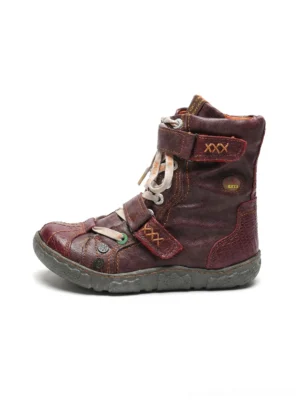 Burgundy fleece-lined hand-stitched mid-calf streetwear boots with distressed PU leather panels, straps, lace-up fastening, and rugged sole