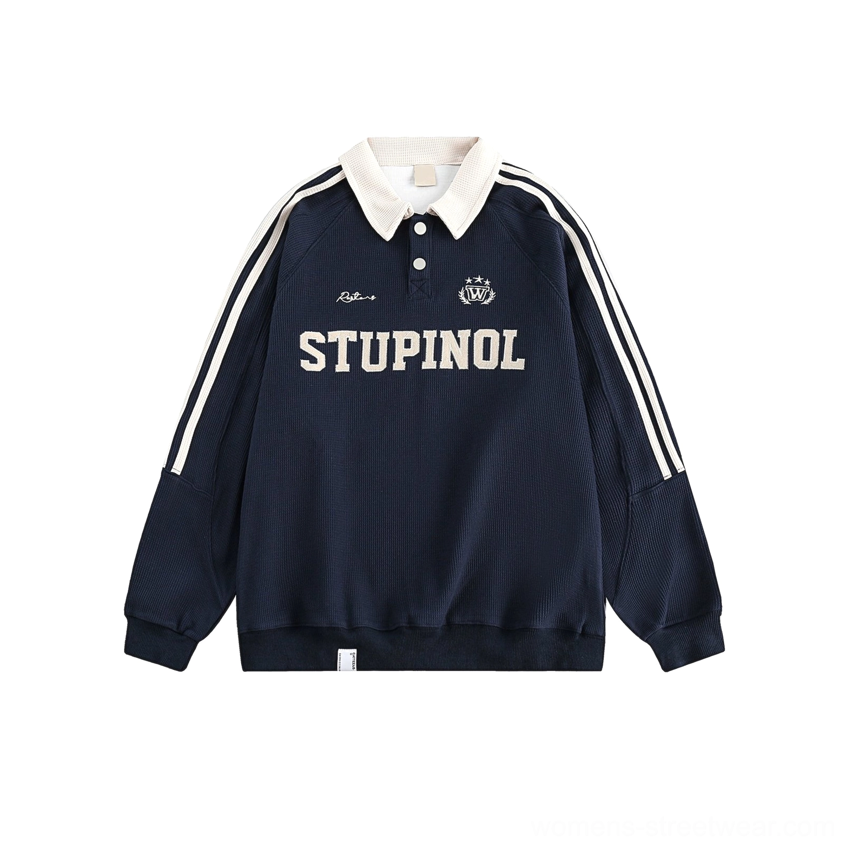 Fleece-lined oversized varsity polo sweatshirt option with collegiate-inspired details for warm autumn streetwear outfits