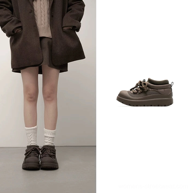 Fleece-lined platform sneakers for winter streetwear with chunky rubber outsole and rounded trail-inspired silhouette