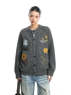 Apricot floral embroidered retro knit cardigan with oversized Korean streetwear silhouette and button front
