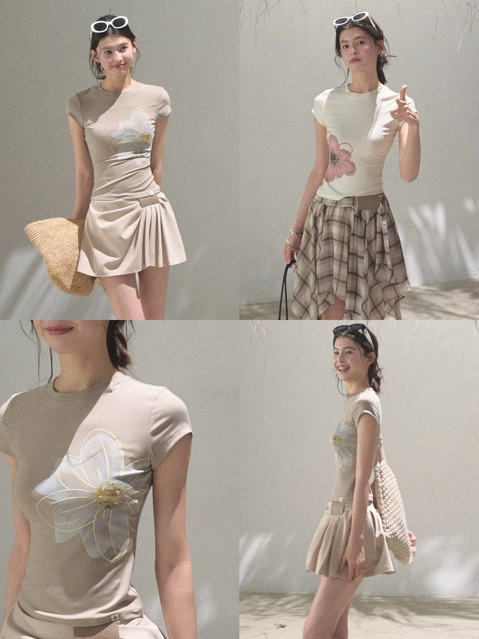 Women wearing fitted floral graphic T-shirt outfits with casual bottoms in a minimalist Korean streetwear studio