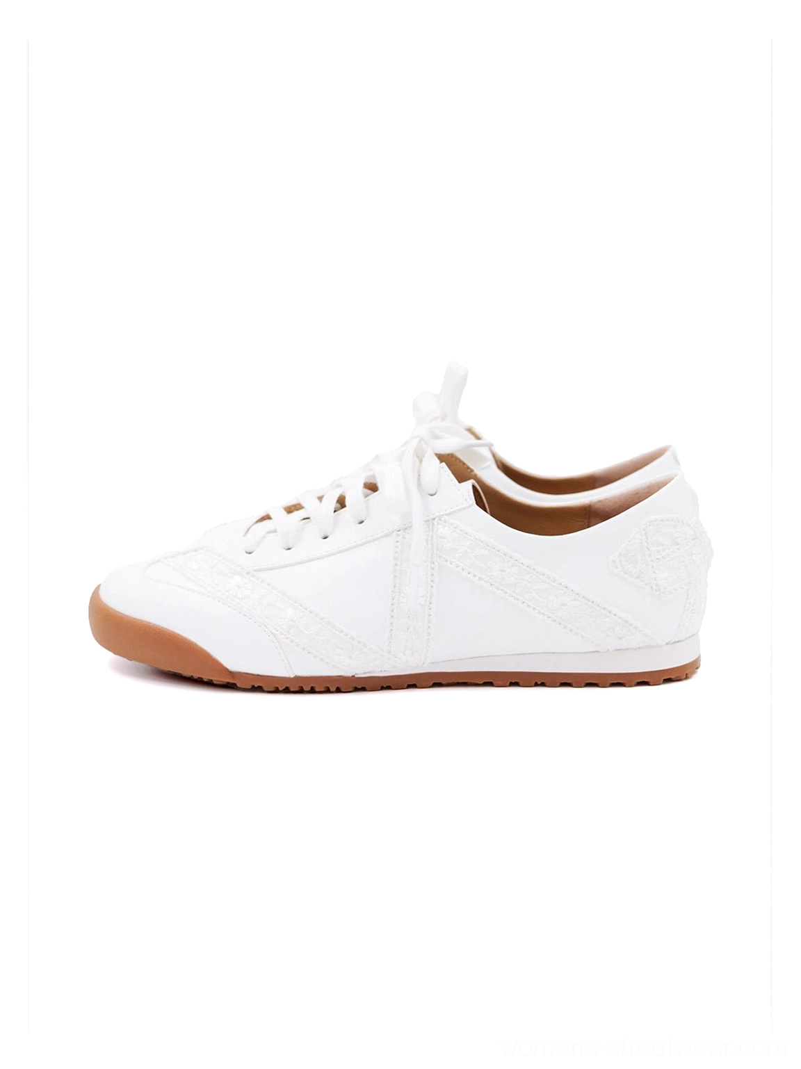 All-white floral lace microfiber leather low-profile sneakers with subtle lace trim and slim gum rubber outsole