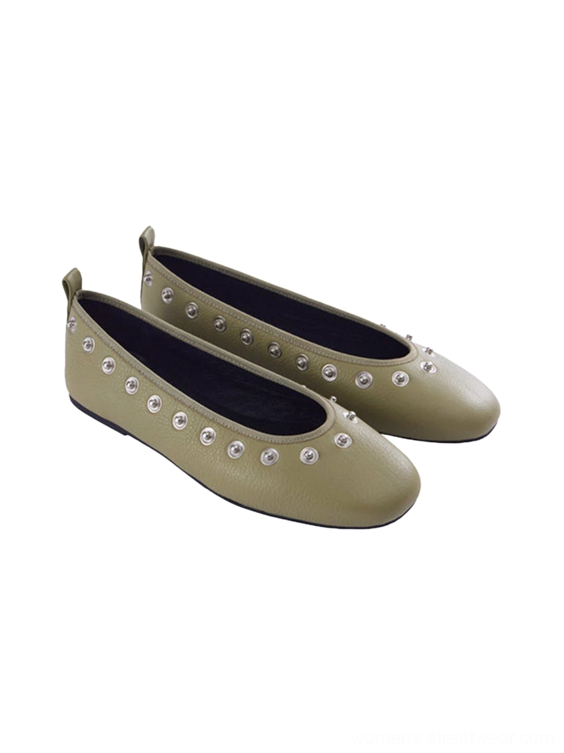 Fashion-forward floral square-toe flats with metallic studs for contemporary streetwear outfits